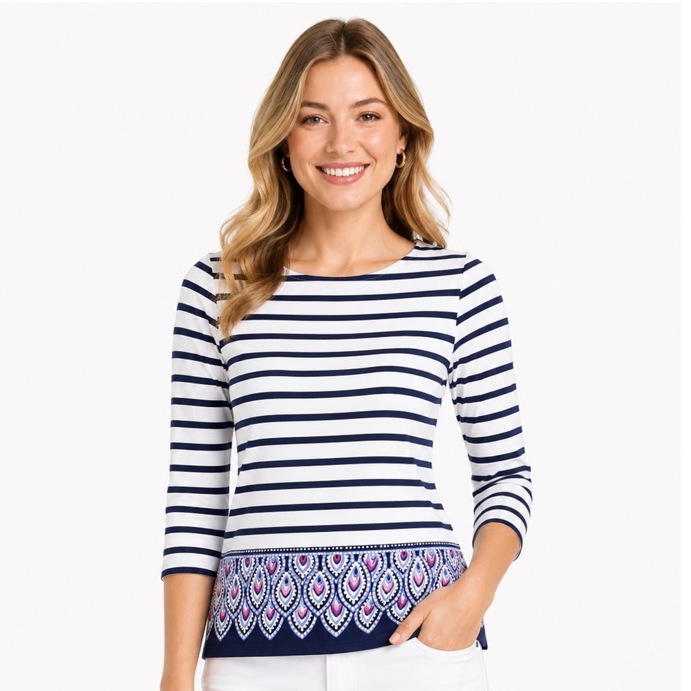 Lilly Pulitzer Navy White Striped Border Print Cotton Top XS 3/4 Sleeve Boatneck